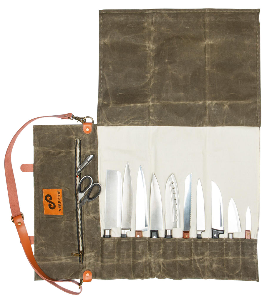 Professional Chef's Knife Bag with Anti Cutting Fabric Inside, Heavy Duty  16oz Waxed Canvas, 10 Slots & 1 Large Zipper Pocket