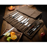 Chef's Knife Roll Bag - Made of Waxed Canvas and Genuine Top Grain Leather